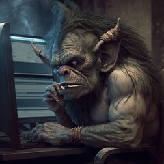 Troll writing a comment in the internet, the concept of internet trolling, created with Generative AI technology - obrazy, fototapety, plakaty