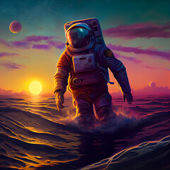 astronaut comin out of the sea with sunset in background