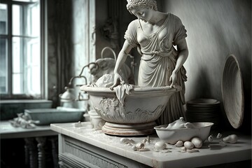 White antique statue washing dishes in the kitchen, concept of housework, created with Generative AI technology