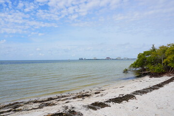 Winter landscape Cypress Point Park and Tampa Bay in Florida. It is close to TPA airport and is an Oceanfront park with a boardwalk, hiking trails, dunes, picnic shelters and a canoe dock.