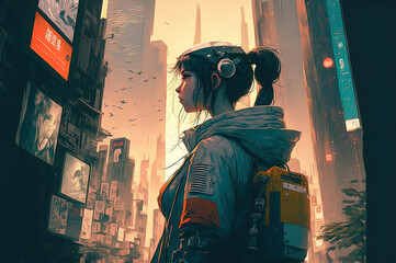 a woman with headphones standing in the middle of a city, cyberpunk