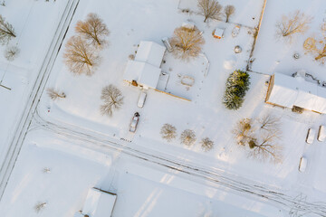 An aerial view of small town in South Carolina US after snowfall with amazing view snowy landscape