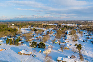 In South Carolina State US an American small town after big snowfall is seen from aerial view that beautiful snow scenes.