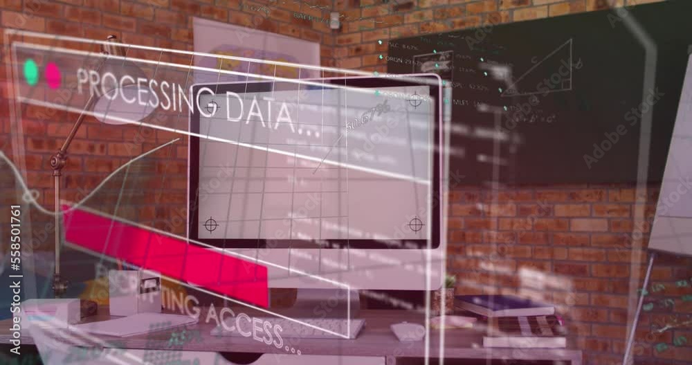 Poster animation of data processing over computer with blank screen