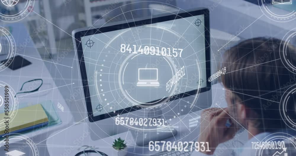 Poster animation of data processing over man using computer with blank screen