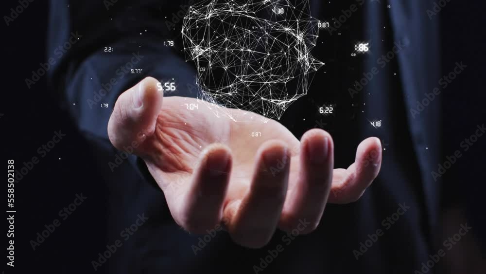 Poster animation of data processing over globe with numbers over man's hand