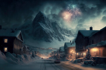 cozy winter town thats celebrating the new year with fireworks