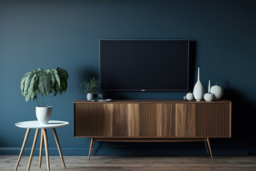 Mockup of a contemporary television set with a wooden cabinet hanging on a background of a dark blue wall in a living room. Interior design and entertainment ideas. Generative AI