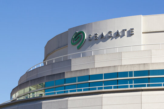 Cupertino, CA, USA - Feb 24, 2020: The Seagate sign at American data storage company Seagate Technology PLC's Headquarters in Cupertino, California.