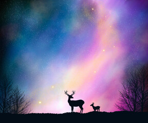 Naklejka na ściany i meble Bautiful galaxy nebula sky with siluet sweet deer