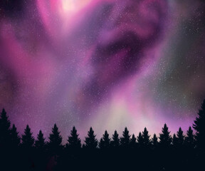 Bautiful galaxy nebula sky with siluet tree forest