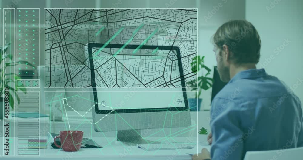 Poster animation of data processing over man using computer