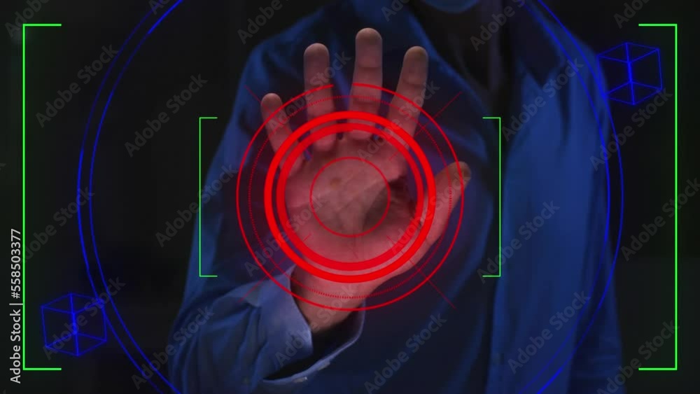 Poster Animation of data processing and biometric hand reading