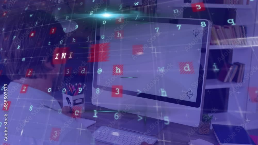 Poster animation of data processing and text over man using computer with blank screen