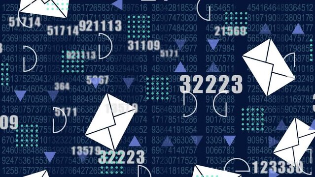 Animation of data processing and numbers over email envelope icons