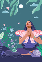 Night time meditation in butterfly garden. Peaceful scene. Open hearted. Looking up at the moon Serene. Surrounded by nature.