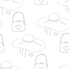 An endless pattern of a stylized female face with wide brimmed hat and purse in different positions