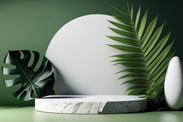 Contemporary White Podium Stage Shelf with Rock Green and Tropical Leaf Backgrounds. Generative AI