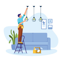 Fototapeta premium Vector illustration of electrician. Cartoon scene with a man who is repairing a chandelier at home on white background.