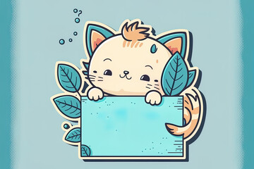 Cartoon sticker of a cute kitten with a blue backdrop. Generative AI