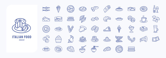Italian Food vector icon set, fast food and Pastry, desserts, breakfast and lunch snacks vector
