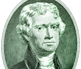 Portrait of Thomas Jefferson on a two dollar bill toned green, transparent PNG.