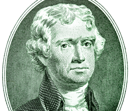 Portrait of Thomas Jefferson on a two dollar bill toned green, transparent PNG.