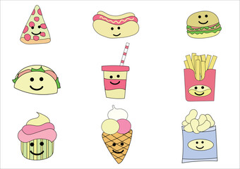 Different kind of sweet and bakery icons.such as ice cream,cake,smoothies,bread,Pizza.Set of desserts and bakery on white background.