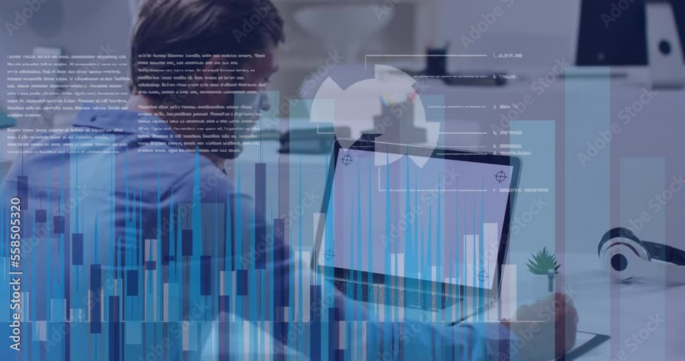 Poster Animation of financial data processing over caucasian businessman using laptop with copy space