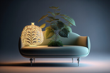 the sofa and a plant in the front vista. Generative AI