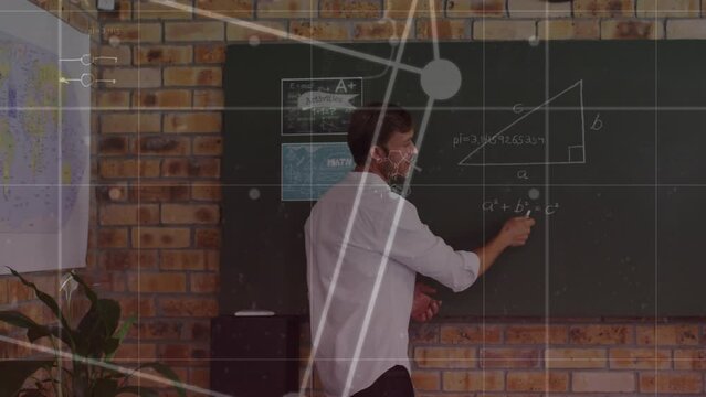 Animation of mathematical equations and shapes over caucasian male teacher