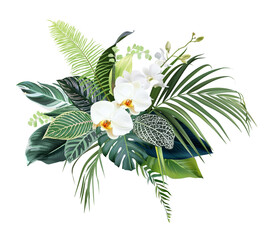 Tropical forest flowers and leaves vector design bouquet. White orchid, monstera, green anthurium © lavendertime