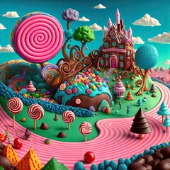 Candy land with many sweets including candy cane, cookies, lollipops, cake, chocolate, Liquorice allsorts in a cute colorful fantasy style