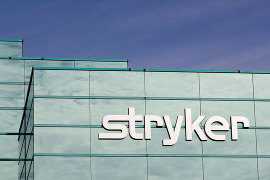 Fremont, CA, USA - Feb 28, 2020: The Stryker logo seen at American medical technologies firm Stryker Corporation's corporate office in Fremont, California.