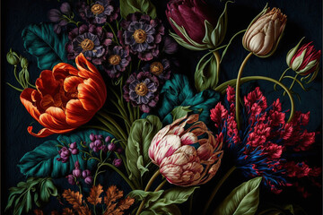 Baroque flowers in rich deep colors, tulips on dark background