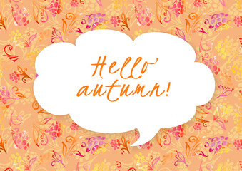 Hello Autumn banner on an orange background with berries. Autumn text frame. Autumn Design Template