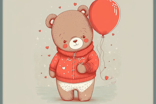 Teddy bear illustration with a red balloon and a red sweater. Generative AI