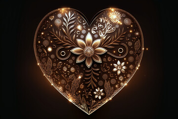 Luxury shiny valentines golden heart with ornament flowers on a dark background, Generative AI