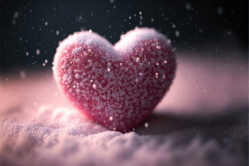 Two romantic pink valentines hearts in the snow, Generative AI
