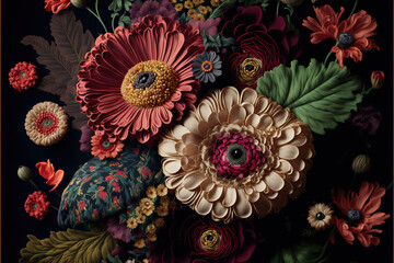 Fototapeta premium Baroque flowers in rich deep colors, gerbera daisy on dark background