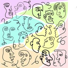 Contemporary portraits of people, modern, doodles of faces, men, women, children's drawing, minimalism, cartoon