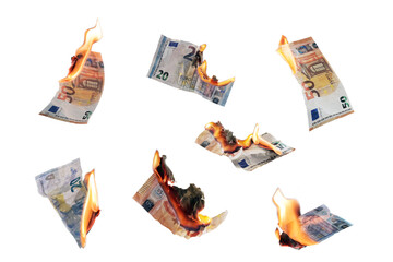 Burning money, collection of twenty and fifty euro paper banknotes with flames isolated, finance concept for inflation, currency and investment risk, selected focus - obrazy, fototapety, plakaty