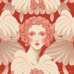 portrait of a person with a rose girl with flowers in hair seamless pattern with pink flowers