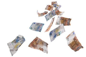 Fifty and twenty paper banknotes in euro currency flying down, money concept for lucky finance, business success, investment or lottery win, isolated
