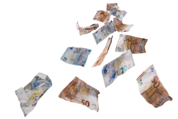 Fifty and twenty paper banknotes in euro currency flying down, money concept for lucky finance, business success, investment or lottery win, isolated