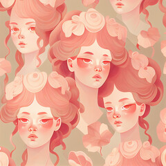 portrait of a person with a rose girl with flowers in hair seamless pattern with pink flowers