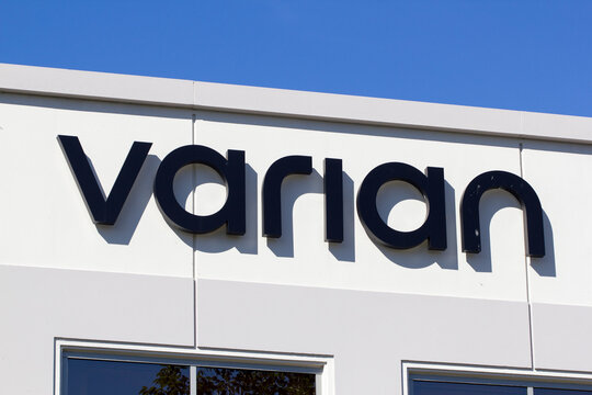 Fremont, CA, USA - Mar 3, 2020: The Varian sign seen at the radiation oncology treatments and software maker Varian Medical Systems, Inc.'s office in Fremont, California.