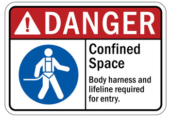 Confined space sign and labels body harness required for entry