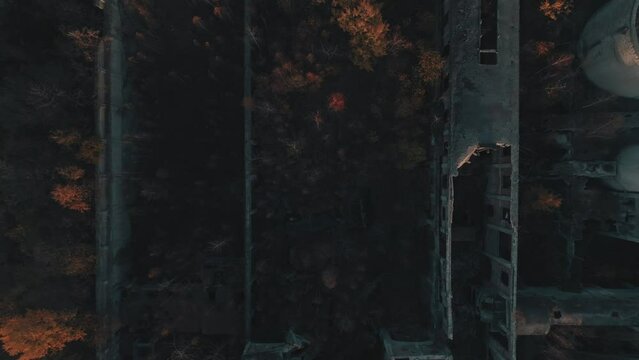 Abandoned old production plant, cement plant in Bedzin, Grodzisk, Poland. Concept of abandoned places, industrial ruins, urbex. View from the drone, air.