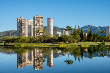 Views along the Ala Wai Canal that surrounds the Honolulu neighbourhood of Waikiki.
